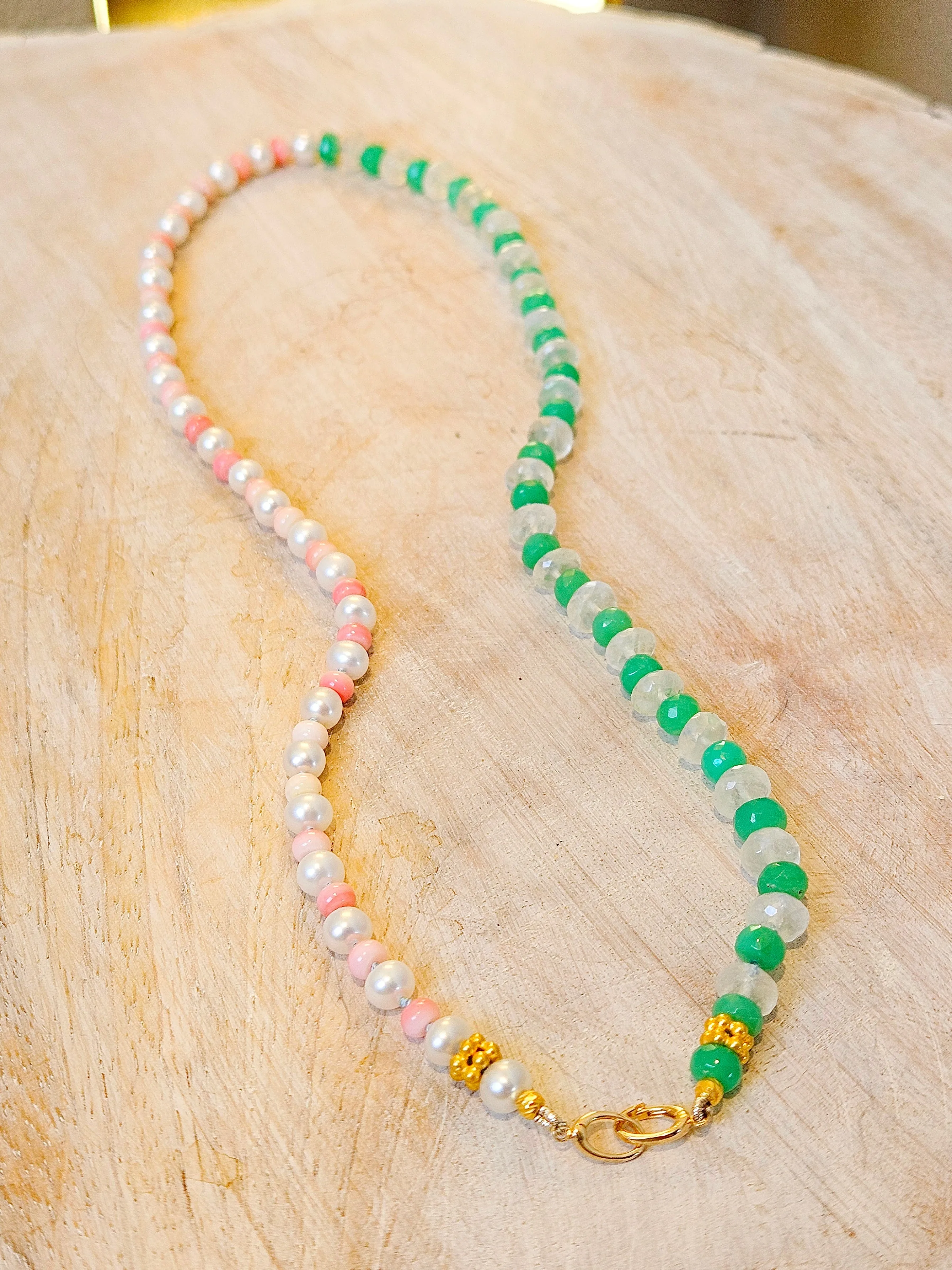 18K Yellow Gold Gemstone Halfsie Necklace with Chrysoprase, Rainbow Moonstone, Pink Shell & Freshwater Pearl | Indulgems | Designs in Real Gold