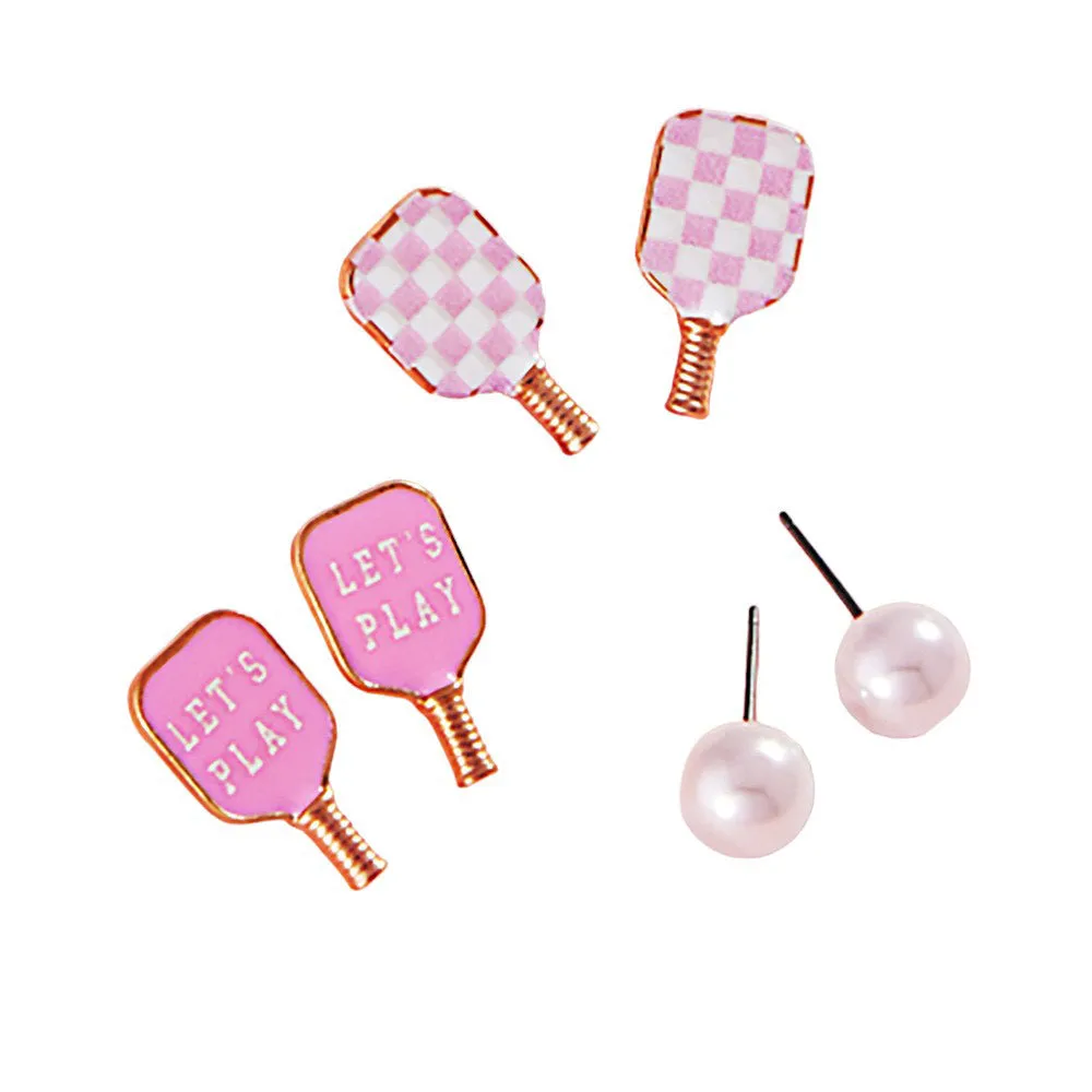 3PCS Enamel Pickle Ball Paddle Pearl Stud Earring Set