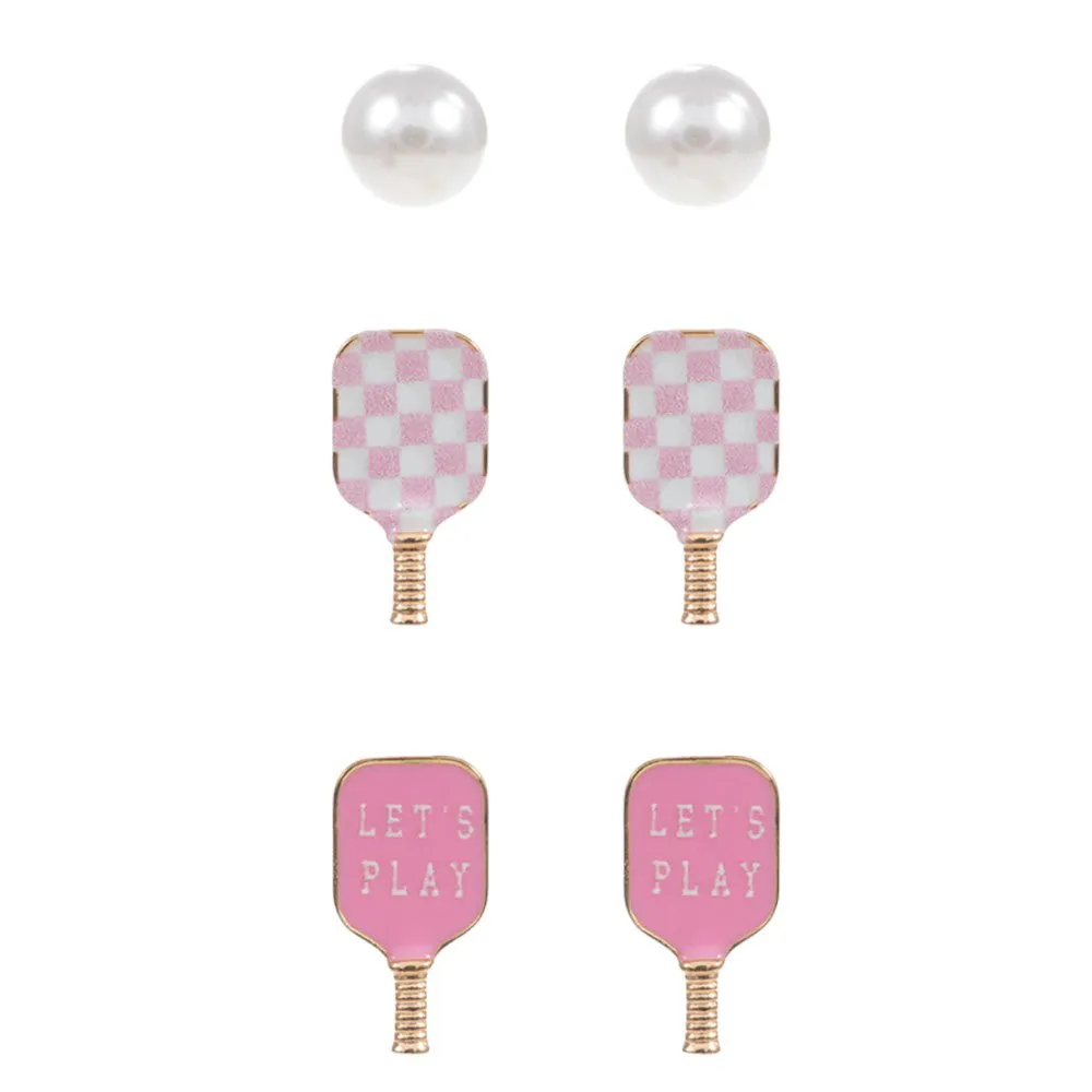 3PCS Enamel Pickle Ball Paddle Pearl Stud Earring Set