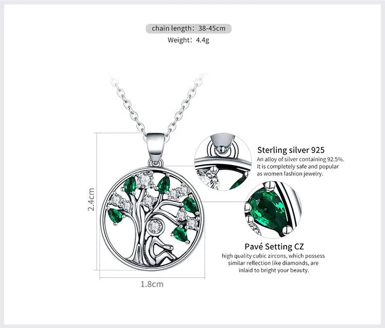 925 Sterling Silver Tree of Life with Clear Green CZ Pendant Necklaces