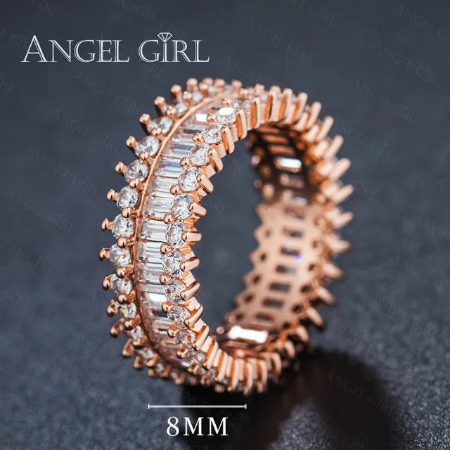 Angel Girl Hot Sales Luxury Rings Paved Rectangle Crystal&CZ Wedding&Engagement Rose Gold Color Ring Jewelry For Women R49-60730