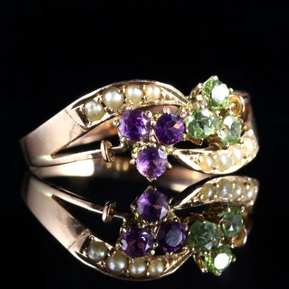 Antique Edwardian Suffragette Fancy 9Ct Gold Ring Amethyst Peridot Pearl Circa 1910