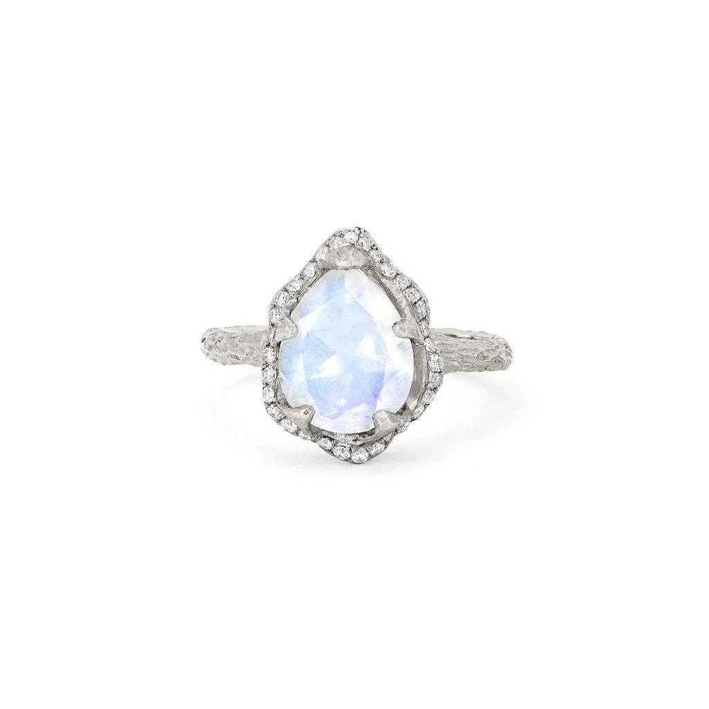 Baby Queen Water Drop Moonstone Ring with Full Pavé Diamond Halo