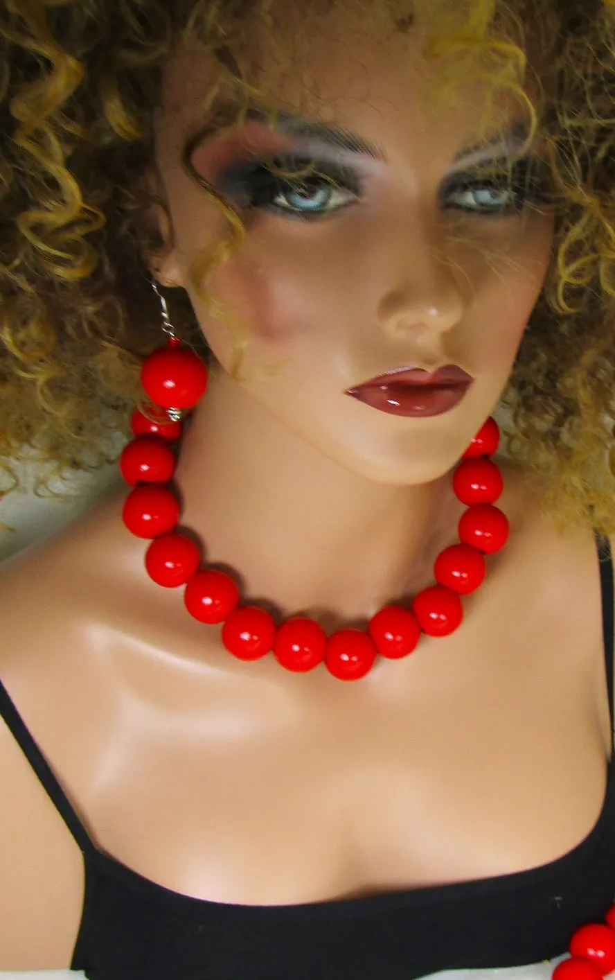 Big Bold Red Wooden Bead Jewelry Set