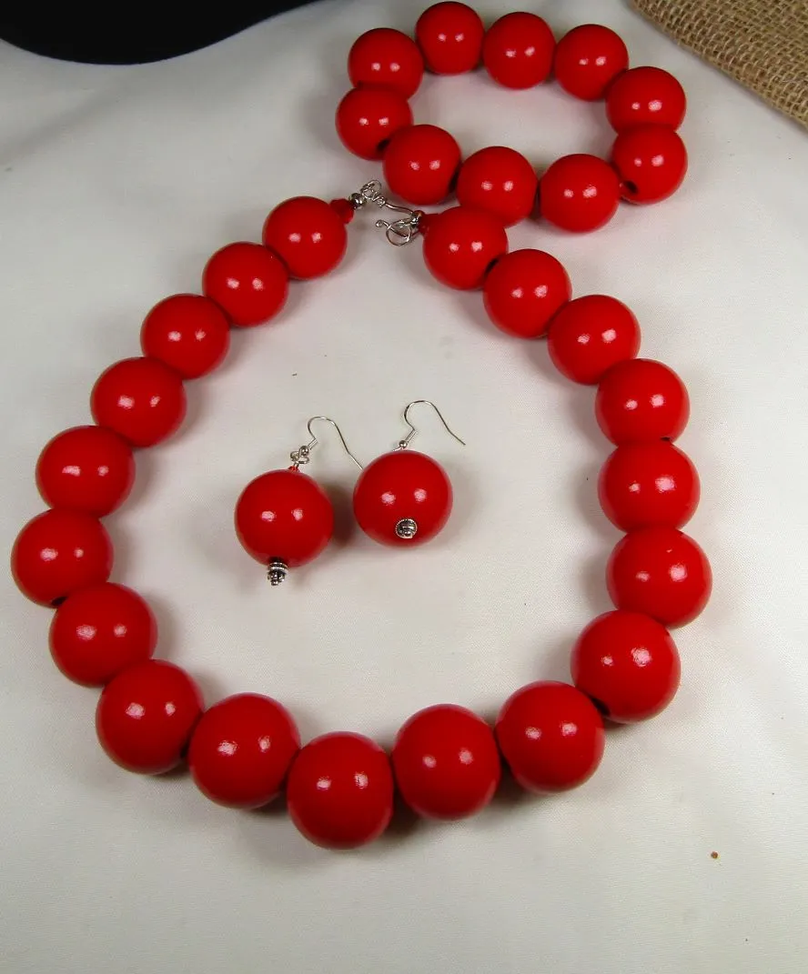 Big Bold Red Wooden Bead Jewelry Set