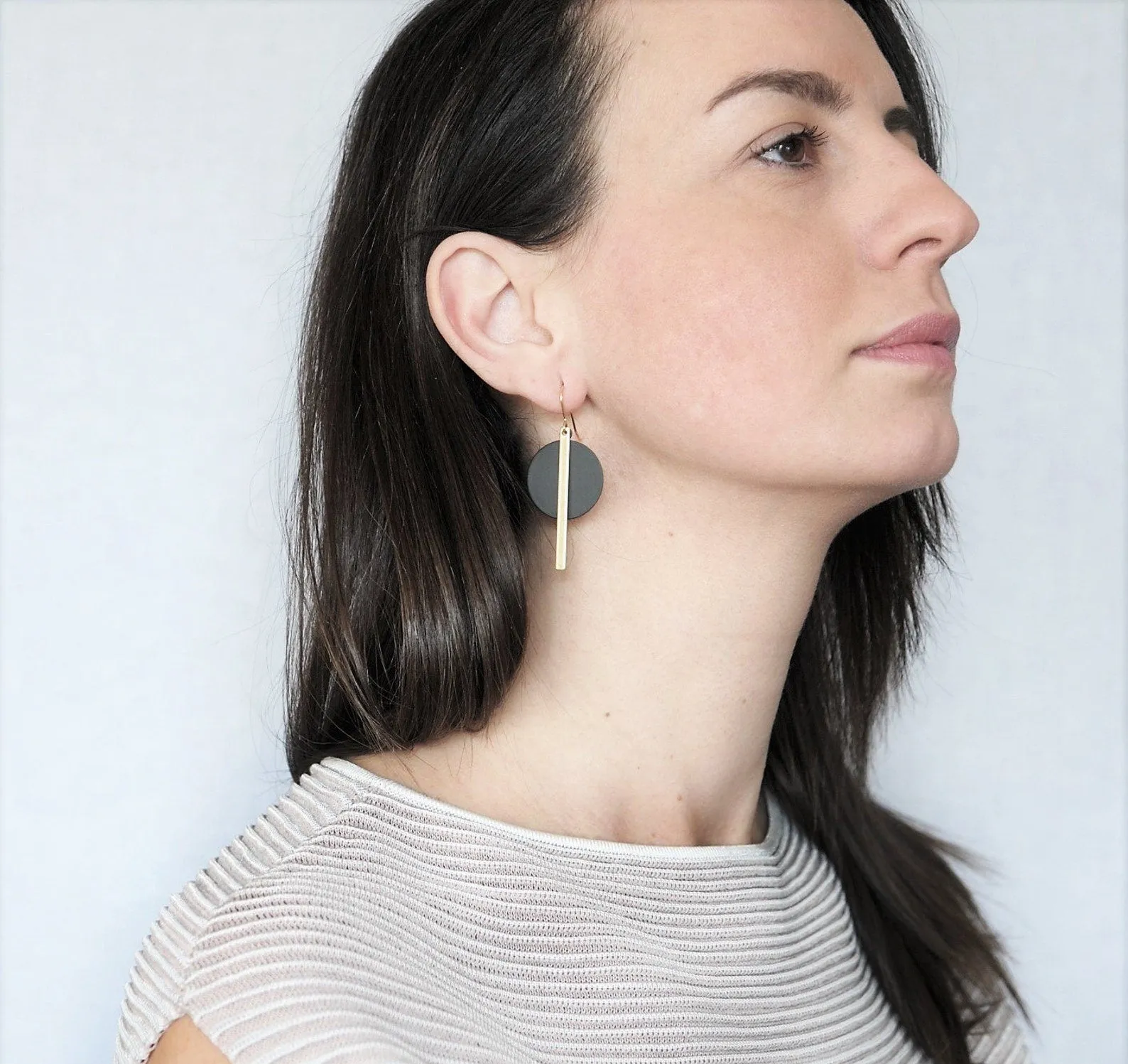 Black Disc and Brass Bar Earrings