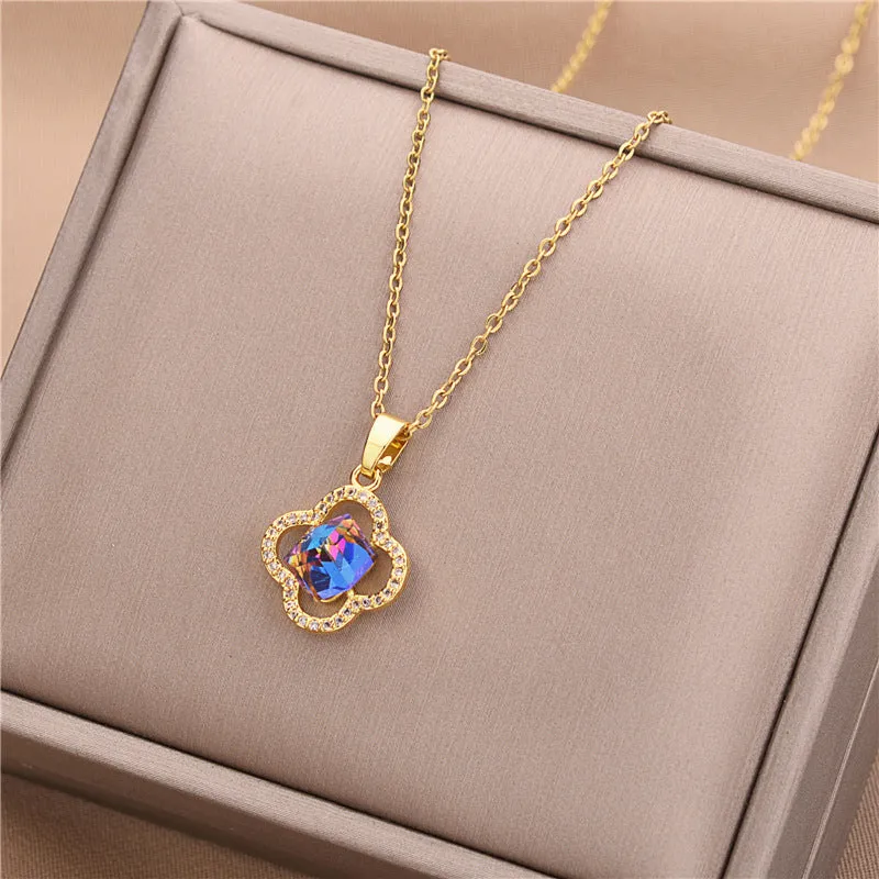 Blue Crystal Four Leaf Flower Gold Colour Pendant