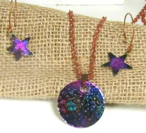 Bold Purple Patina Copper Pendant Necklace &  Earrings