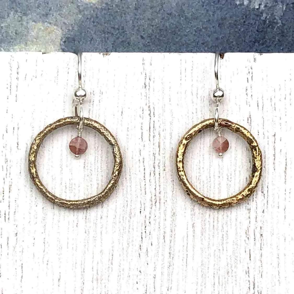 Bright Red Golden Bronze Celtic Ring Money Earrings with Genuine Garnet | Artifact #6560