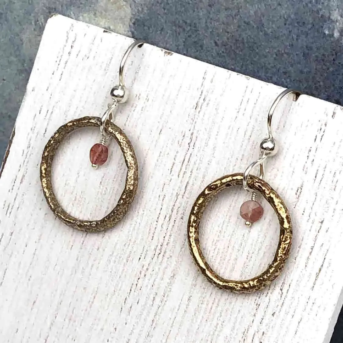 Bright Red Golden Bronze Celtic Ring Money Earrings with Genuine Garnet | Artifact #6560