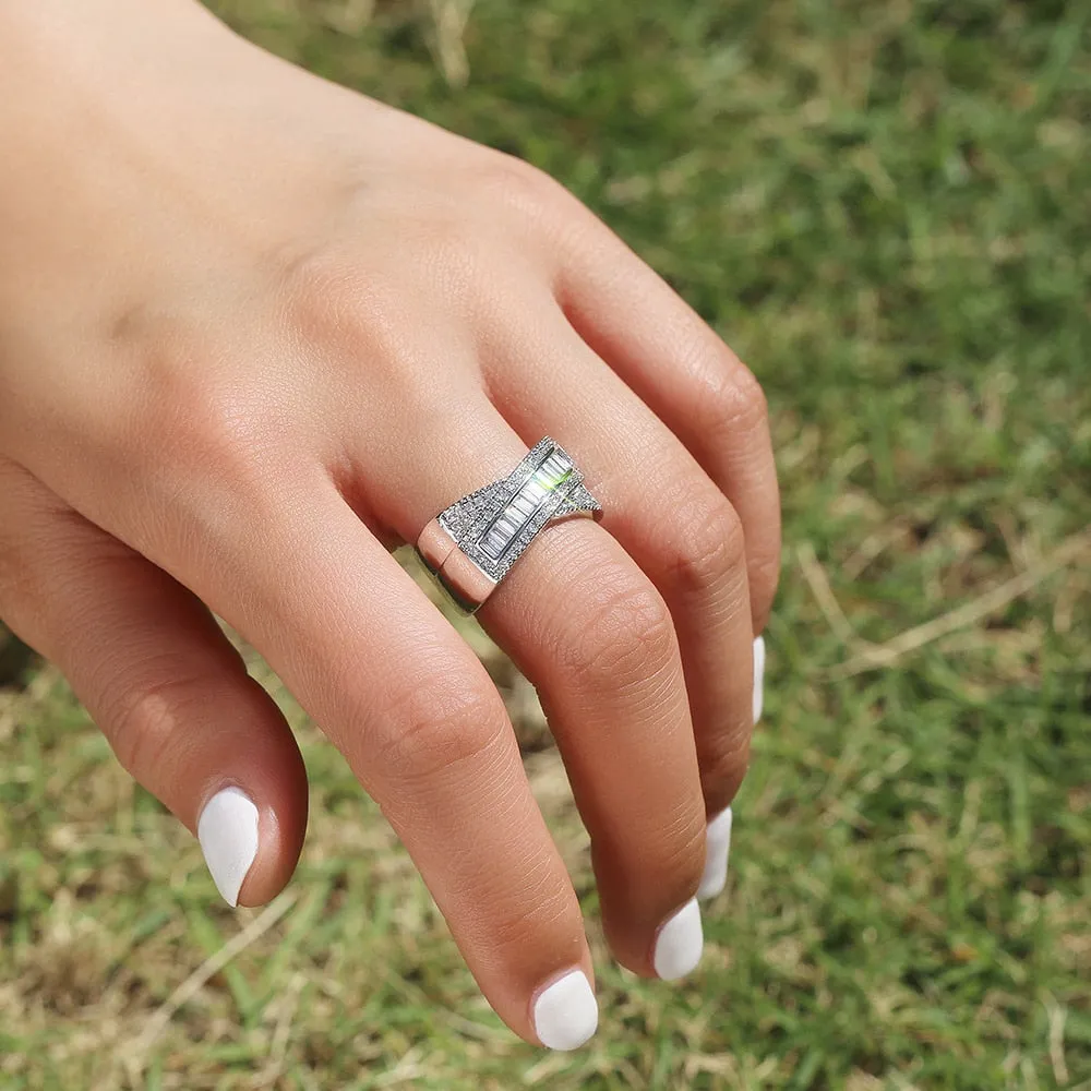 Brilliant Fancy Cross Puzzle Ring for Women with Square Zircon in Silver Color