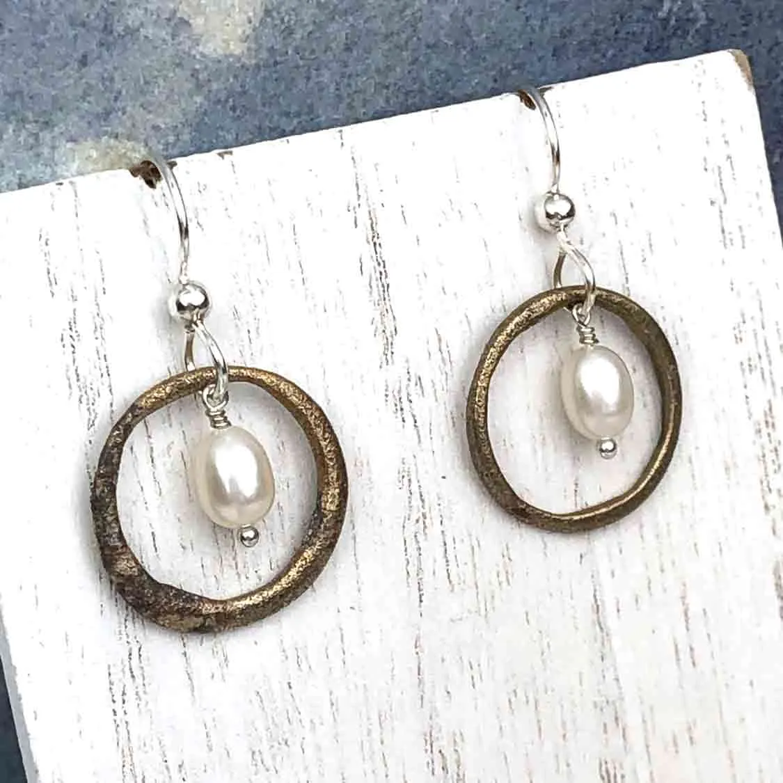 Dark Flecked Bronze Celtic Ring Money Earrings with Genuine Pearls | Artifact #6555