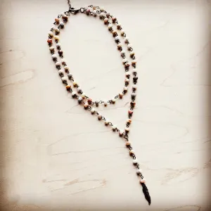 Double Strand Agate Y-Necklace with Copper Feather Pendant