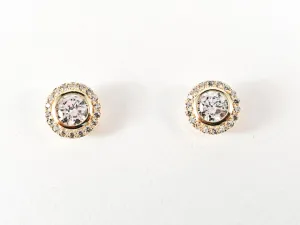 Elegant Classic Round Halo CZ Gold Tone Stud Screw Back Silver Earrings