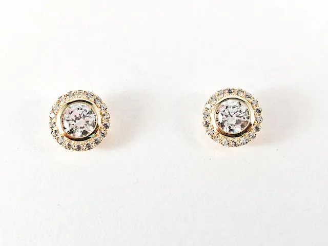 Elegant Classic Round Halo CZ Gold Tone Stud Screw Back Silver Earrings