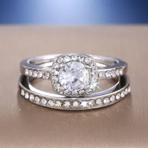 Engagement Jewelry Classic Straight Band Rings with Round Cut Zircon in Silver Color