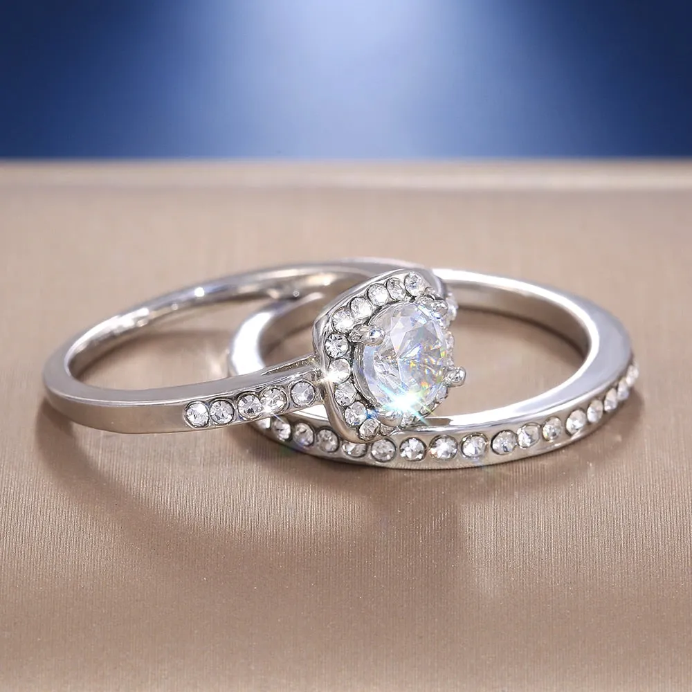 Engagement Jewelry Classic Straight Band Rings with Round Cut Zircon in Silver Color