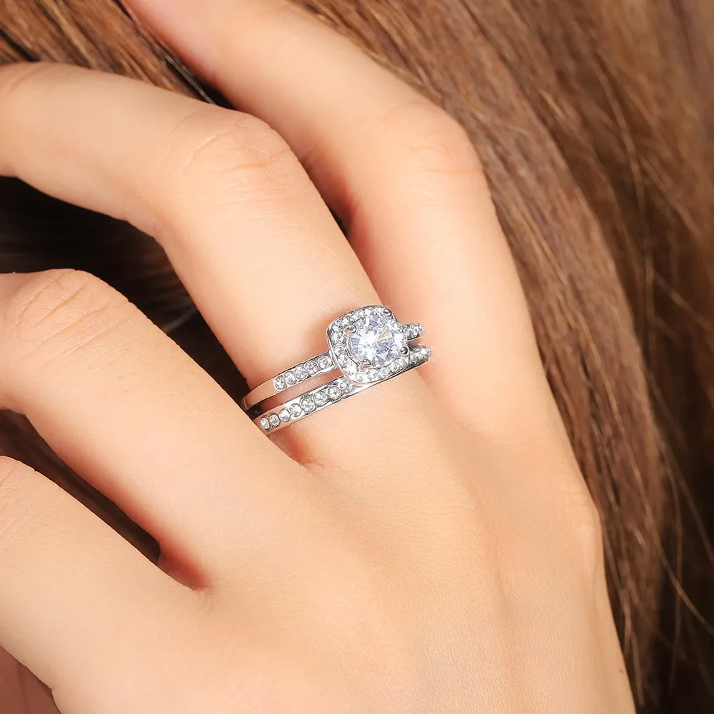 Engagement Jewelry Classic Straight Band Rings with Round Cut Zircon in Silver Color