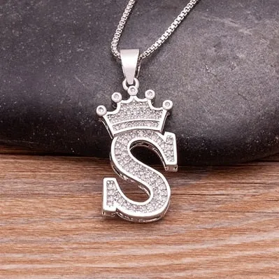 Fashion Crown Initials Necklace with Initial A-Z Zirconia in Silver Color