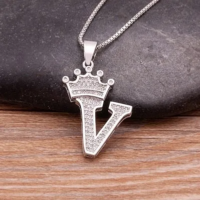 Fashion Crown Initials Necklace with Initial A-Z Zirconia in Silver Color