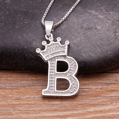 Fashion Crown Initials Necklace with Initial A-Z Zirconia in Silver Color