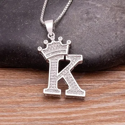 Fashion Crown Initials Necklace with Initial A-Z Zirconia in Silver Color