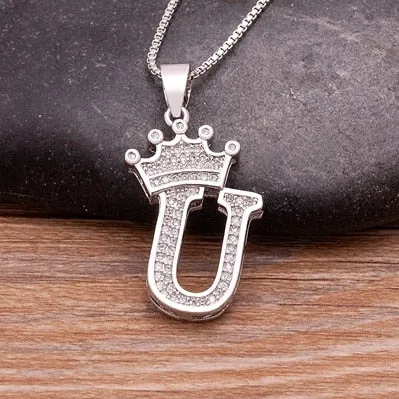 Fashion Crown Initials Necklace with Initial A-Z Zirconia in Silver Color