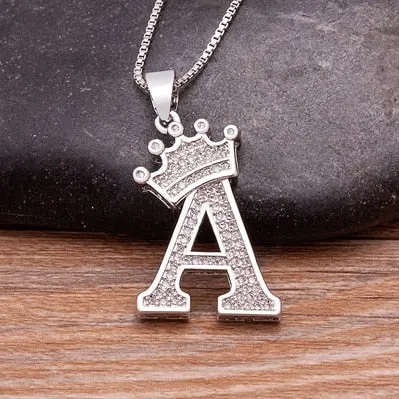 Fashion Crown Initials Necklace with Initial A-Z Zirconia in Silver Color