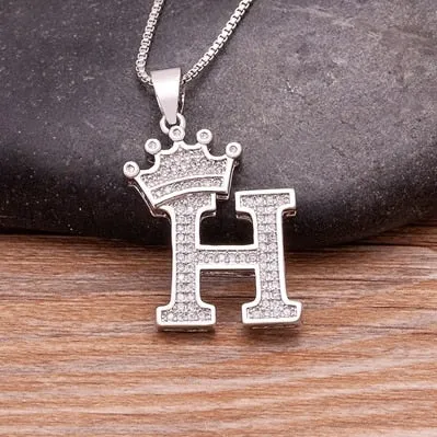 Fashion Crown Initials Necklace with Initial A-Z Zirconia in Silver Color