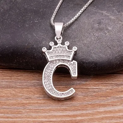 Fashion Crown Initials Necklace with Initial A-Z Zirconia in Silver Color