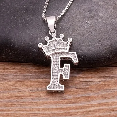 Fashion Crown Initials Necklace with Initial A-Z Zirconia in Silver Color