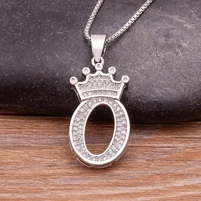 Fashion Crown Initials Necklace with Initial A-Z Zirconia in Silver Color