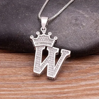 Fashion Crown Initials Necklace with Initial A-Z Zirconia in Silver Color