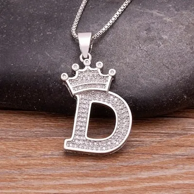 Fashion Crown Initials Necklace with Initial A-Z Zirconia in Silver Color