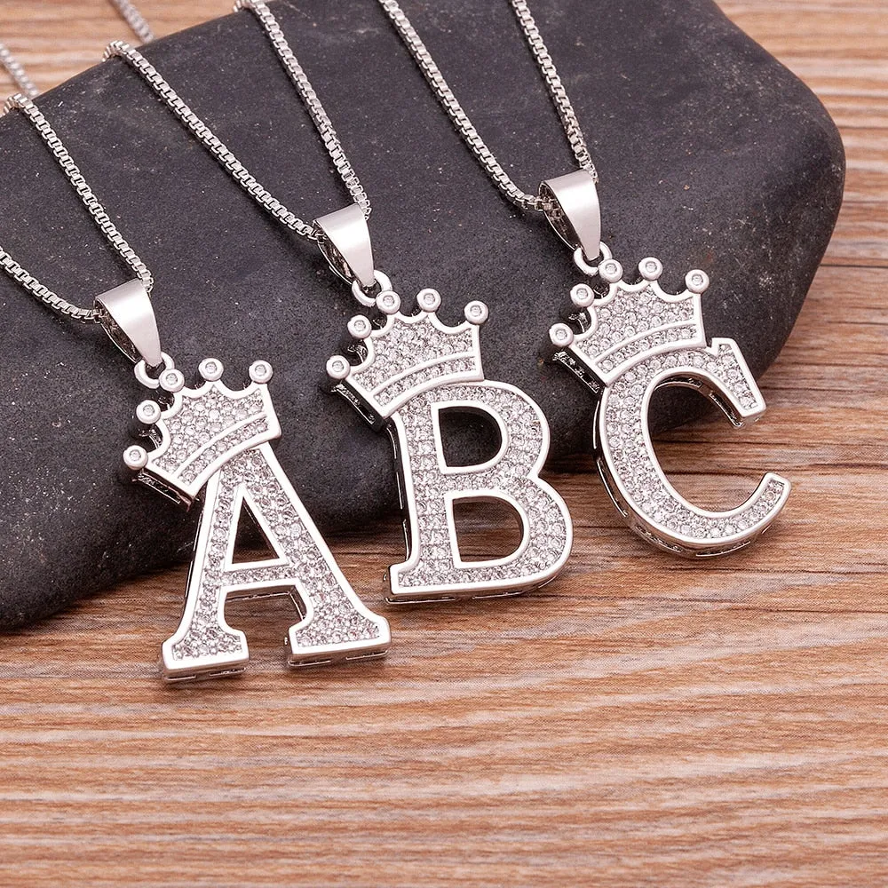 Fashion Crown Initials Necklace with Initial A-Z Zirconia in Silver Color