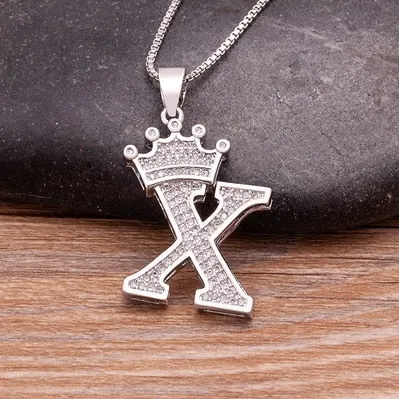 Fashion Crown Initials Necklace with Initial A-Z Zirconia in Silver Color