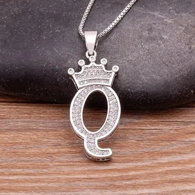 Fashion Crown Initials Necklace with Initial A-Z Zirconia in Silver Color