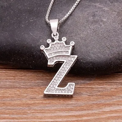 Fashion Crown Initials Necklace with Initial A-Z Zirconia in Silver Color