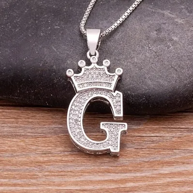 Fashion Crown Initials Necklace with Initial A-Z Zirconia in Silver Color