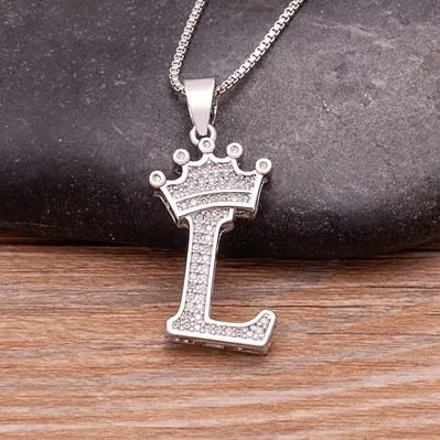 Fashion Crown Initials Necklace with Initial A-Z Zirconia in Silver Color