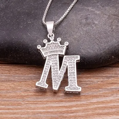 Fashion Crown Initials Necklace with Initial A-Z Zirconia in Silver Color