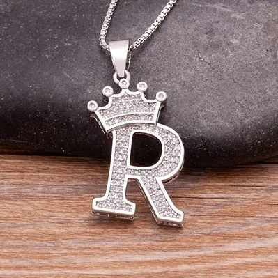 Fashion Crown Initials Necklace with Initial A-Z Zirconia in Silver Color