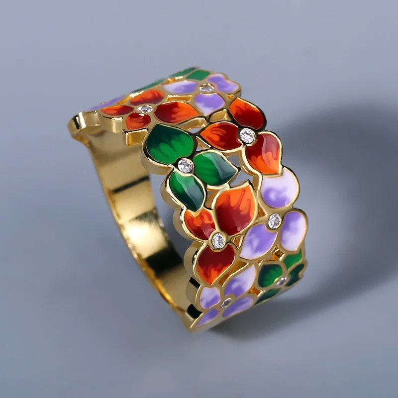 Fashion Jewelry Colorful Flower Enamel Ring for Women with Zircon in 925 Silver