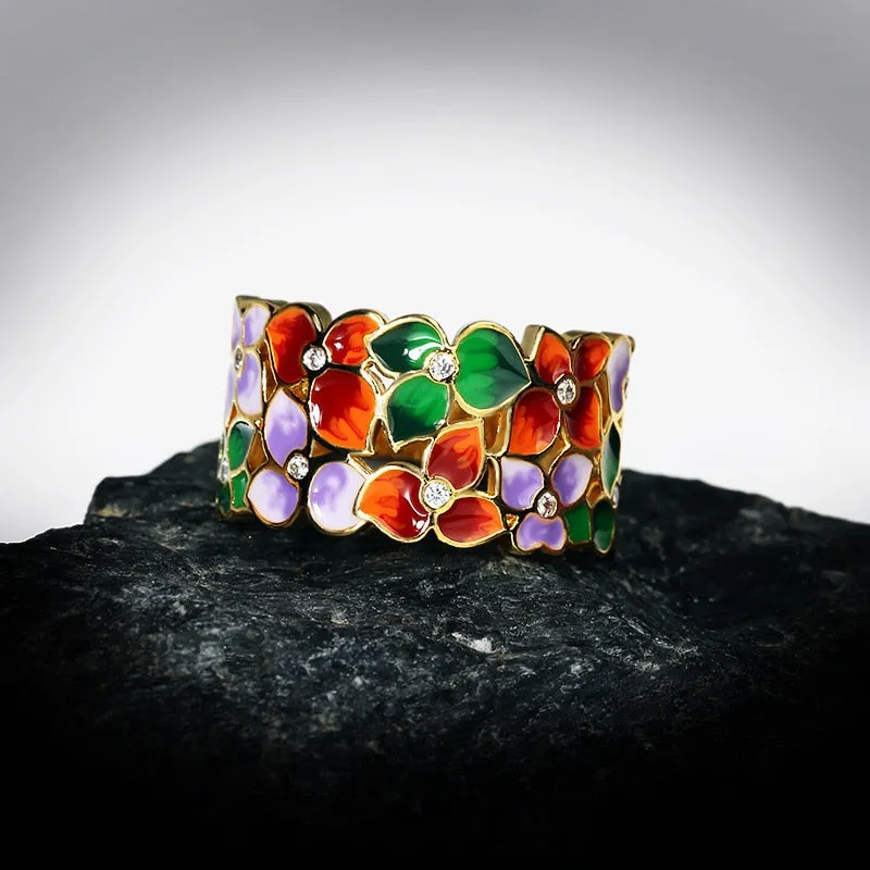 Fashion Jewelry Colorful Flower Enamel Ring for Women with Zircon in 925 Silver