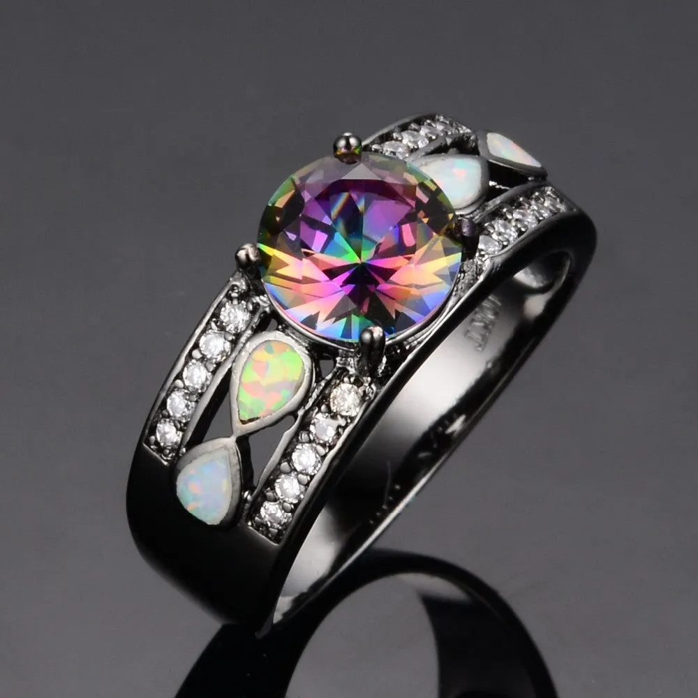 Fashion Jewelry Women Wedding Rainbow Opal Rings Colorful CZ 10KT Black Gold Filled Engagement Ring