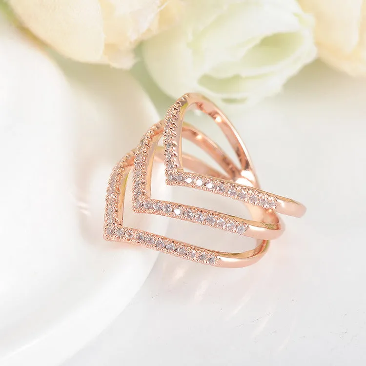 Fashion Ring Rose Golden Plated Micro CZ Diamond Fashion Three V Shape Ring for Women