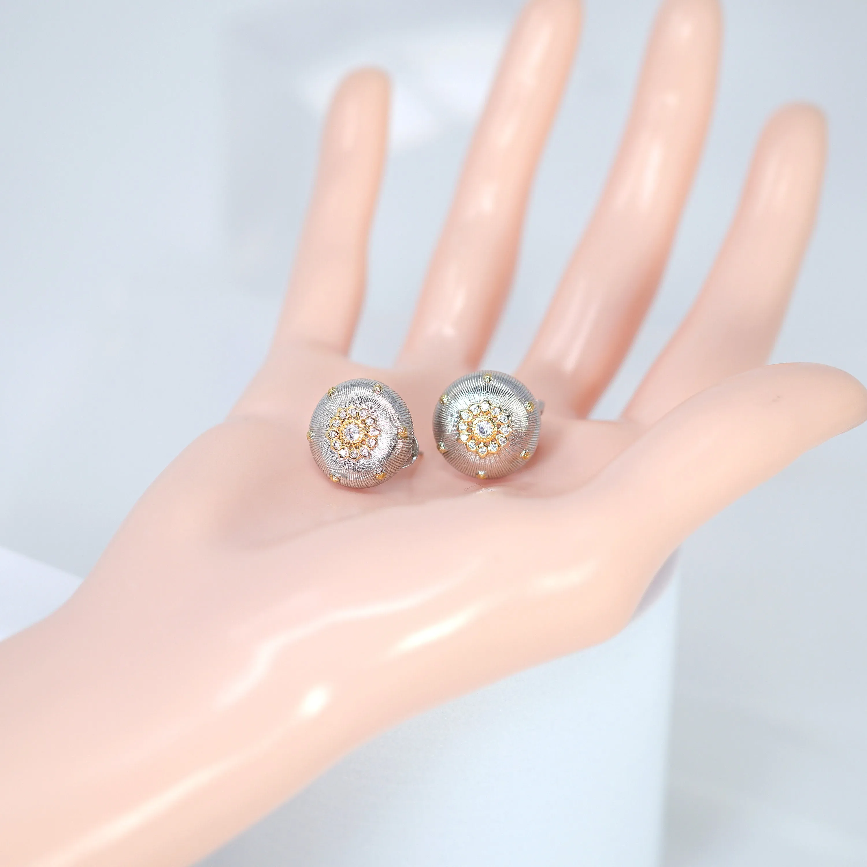 Floral Two Tone Rhinestone Paved Circle stud Earrings, Bridal Jewelry, Bridal Stud Earrings, Crystal Bridal Earrings, Statement Earrings Cz