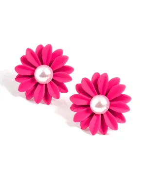 Fuchsia Daisy with Pearl Stud Earrings