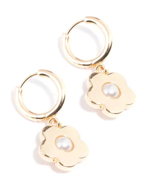 Gold Daisy Pearl Huggie Earrings