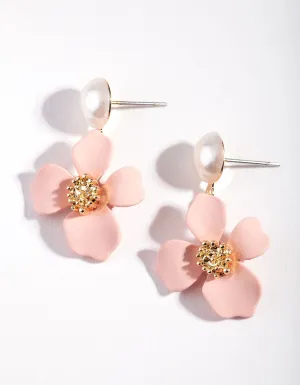 Gold Matte Pink Flower Drop Earrings